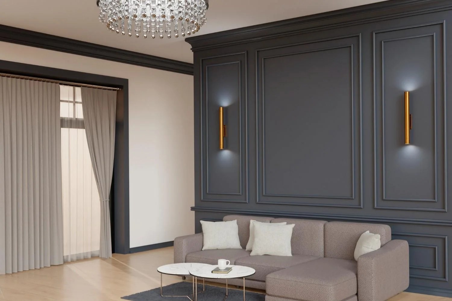 Salon aux murs décoratifs et finitions intérieures